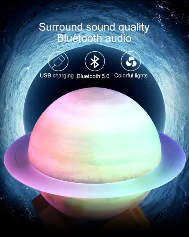 NNEDSZ Purle And Blue 3D Saturn Ring Bluetooth Speaker with Adjustable LED Lights, HiFi Bass, USB Charging, and Immersive Sound for Home and Desktop Use